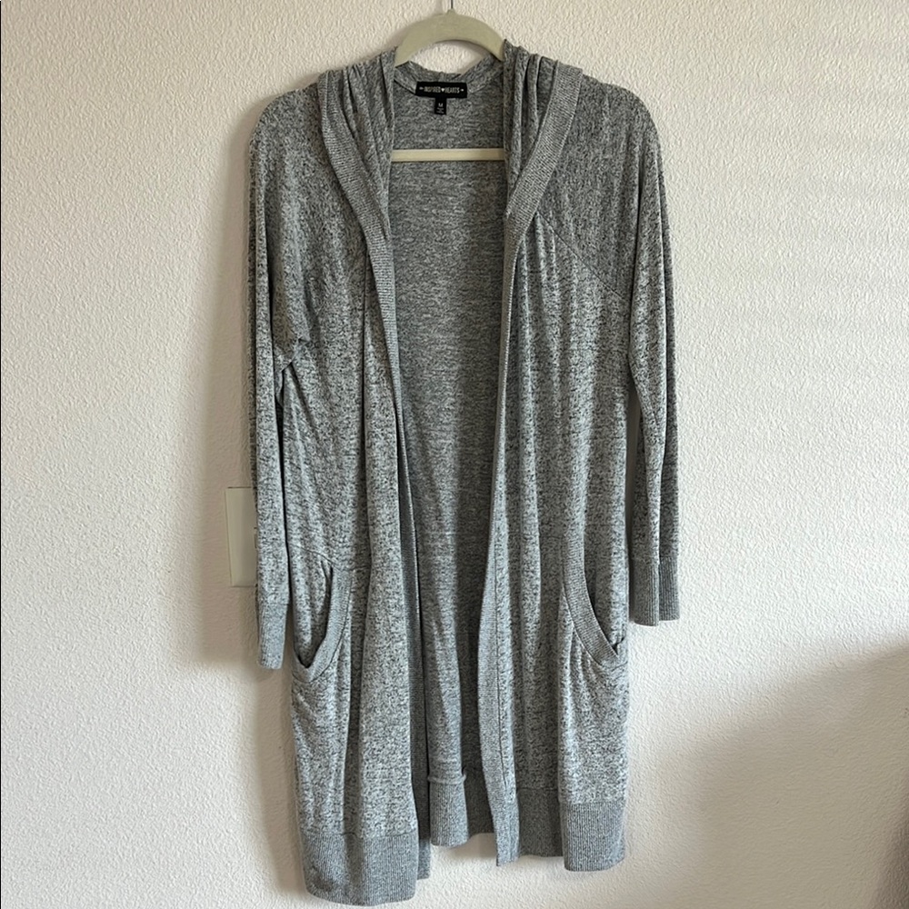 Gray Hooded Open-Front Cardigan